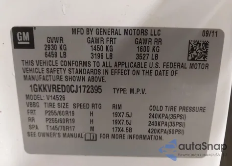 2012 GMC Acadia Slt-1 z USA, uszkodzony, nr VIN 1GKKVRED0CJ172395